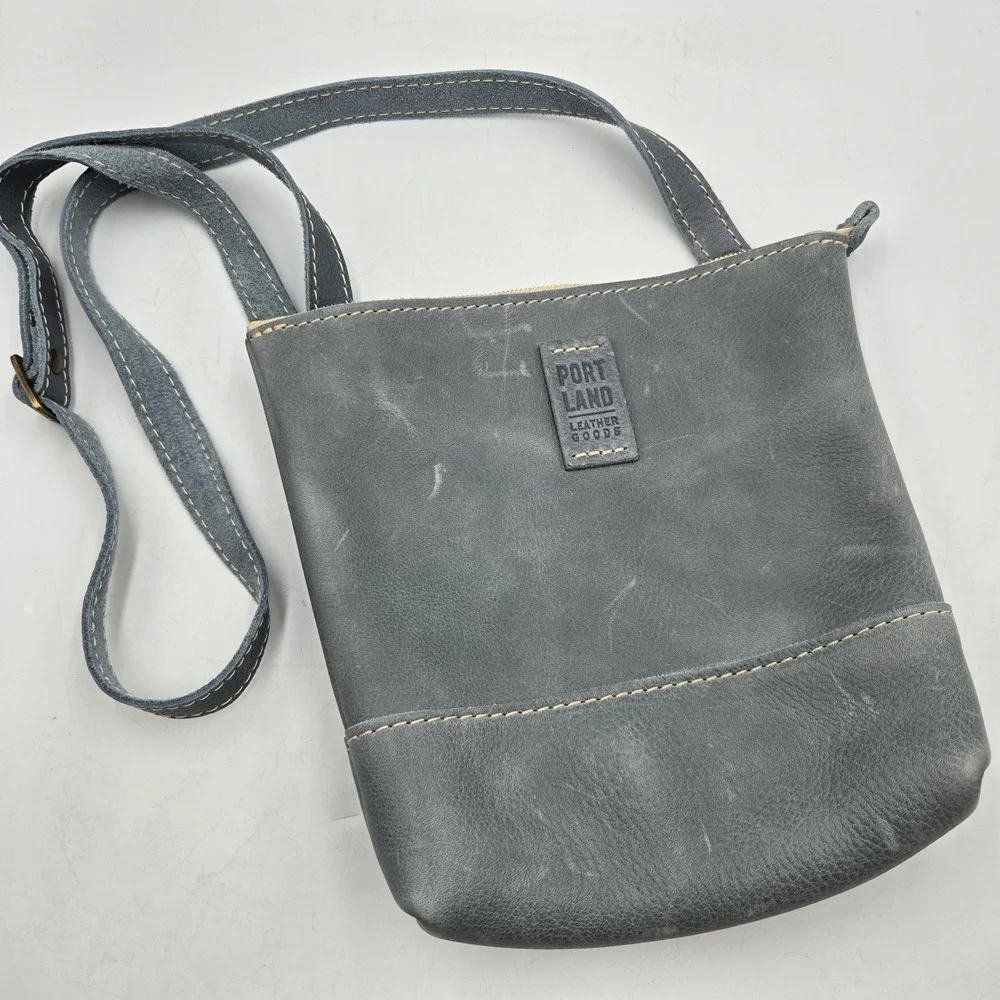 Portland Leather Goods Festival Bag Crossbody Light Blue Zip Top Inside Pocket